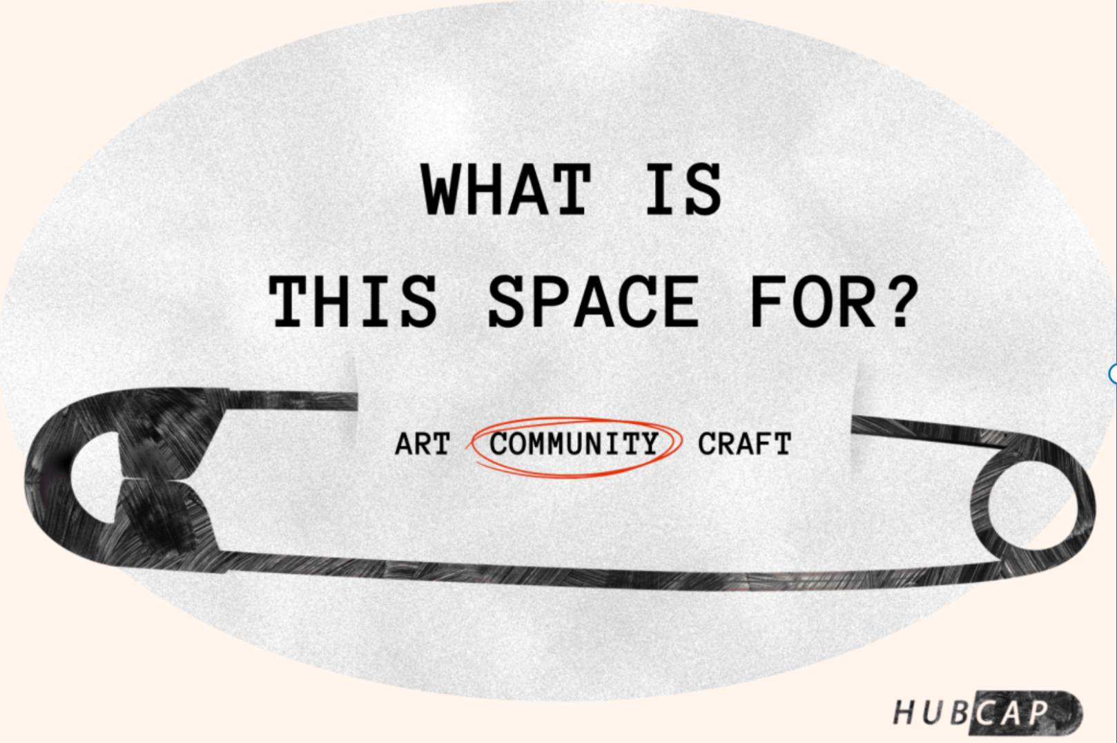 Promotional Image for Exhibition. Central image of a safety pin with Text above. Text says What is theis space for. Text below sats Art, Community and Craft. Community is circled in red.